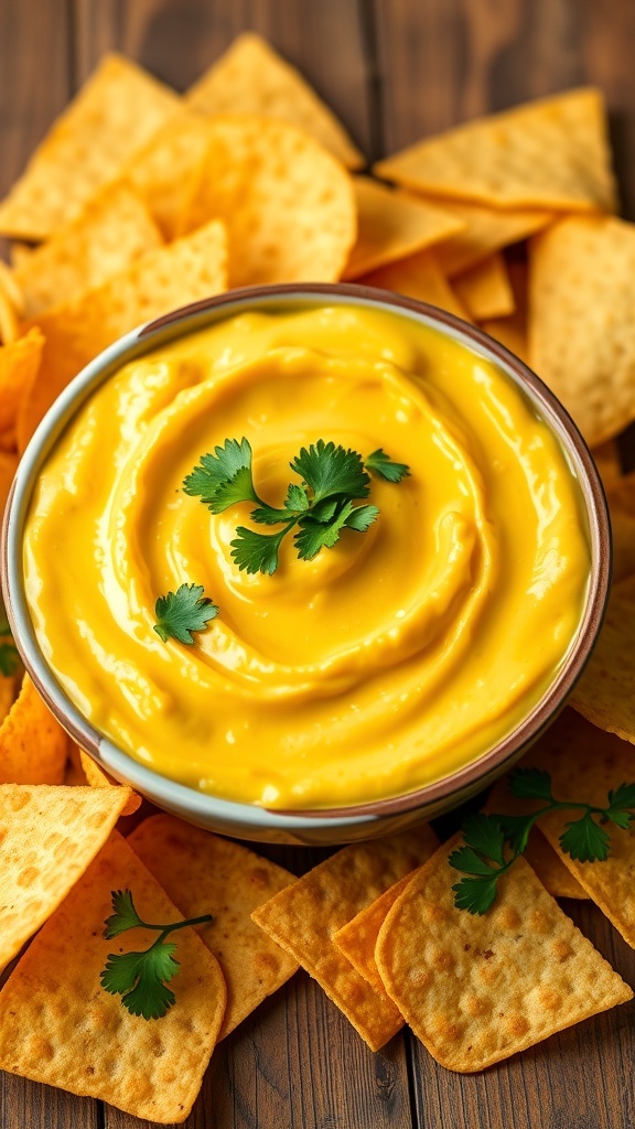 Creamy Cold Corn Dip Recipe A bowl of cold corn dip with tortilla chips on a wooden table, garnished with cilantro.